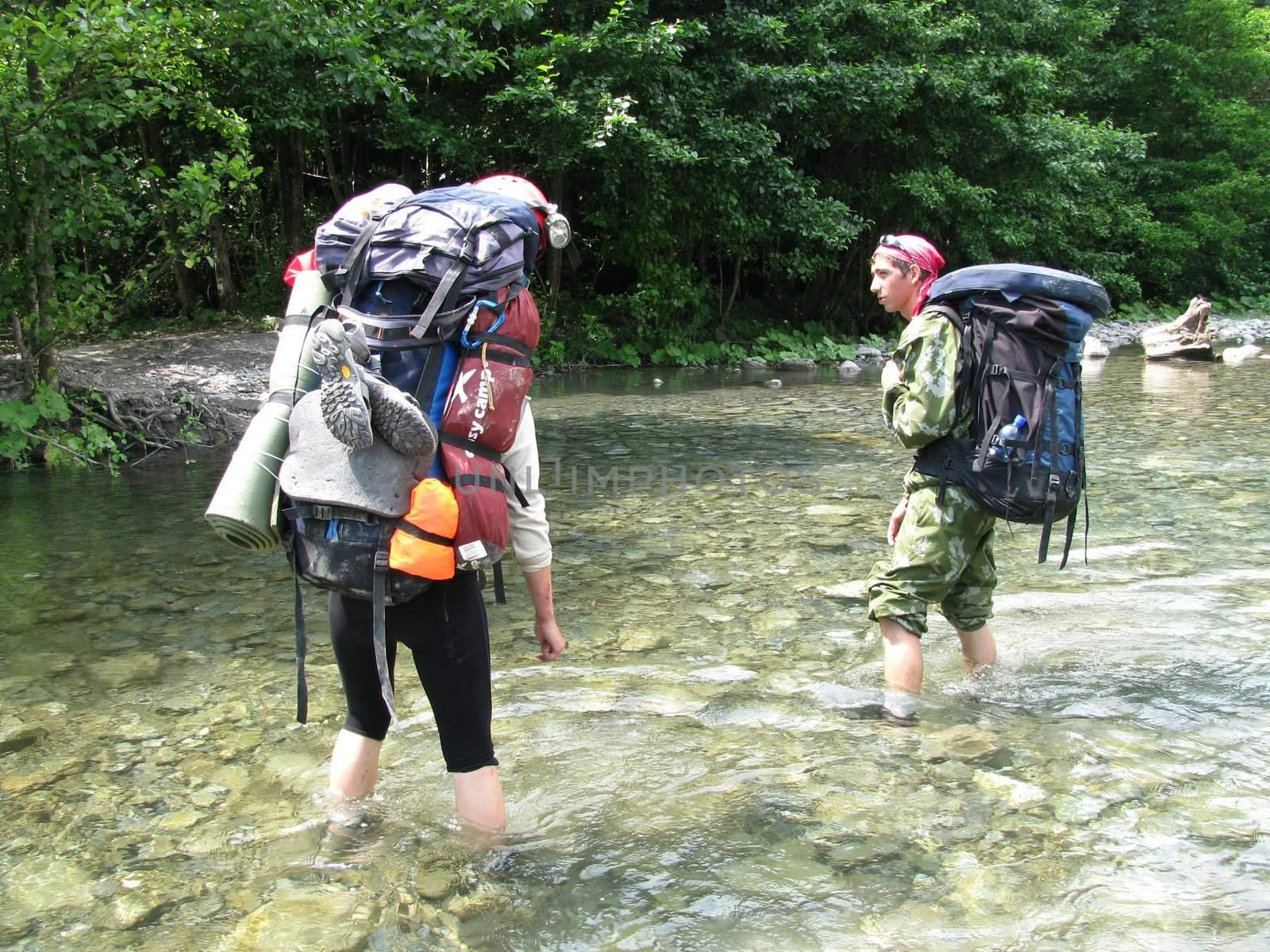 crossing, backpack, traveller, walks on water