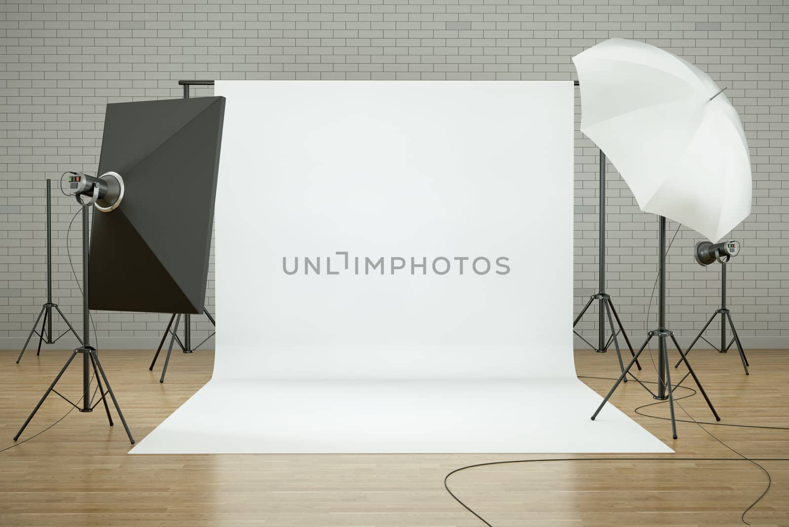 Empty photo studio interior with white background and lighting equipment. 3D render.