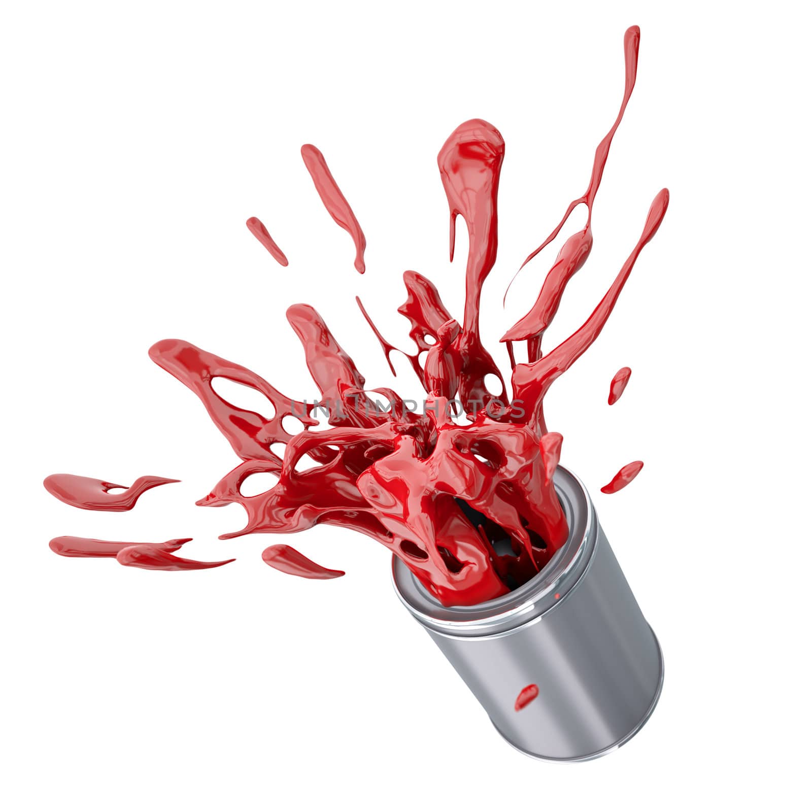 Red paint splashing out of can. 3D render.