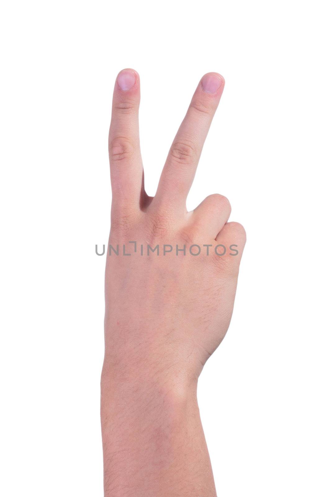 The man's hand shows two fingers on a white background.