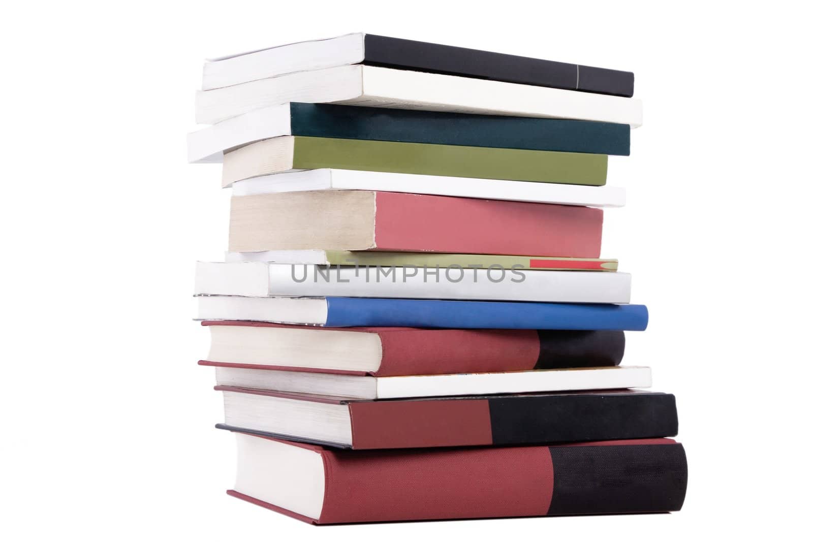 color tower books on white background arranged in stack