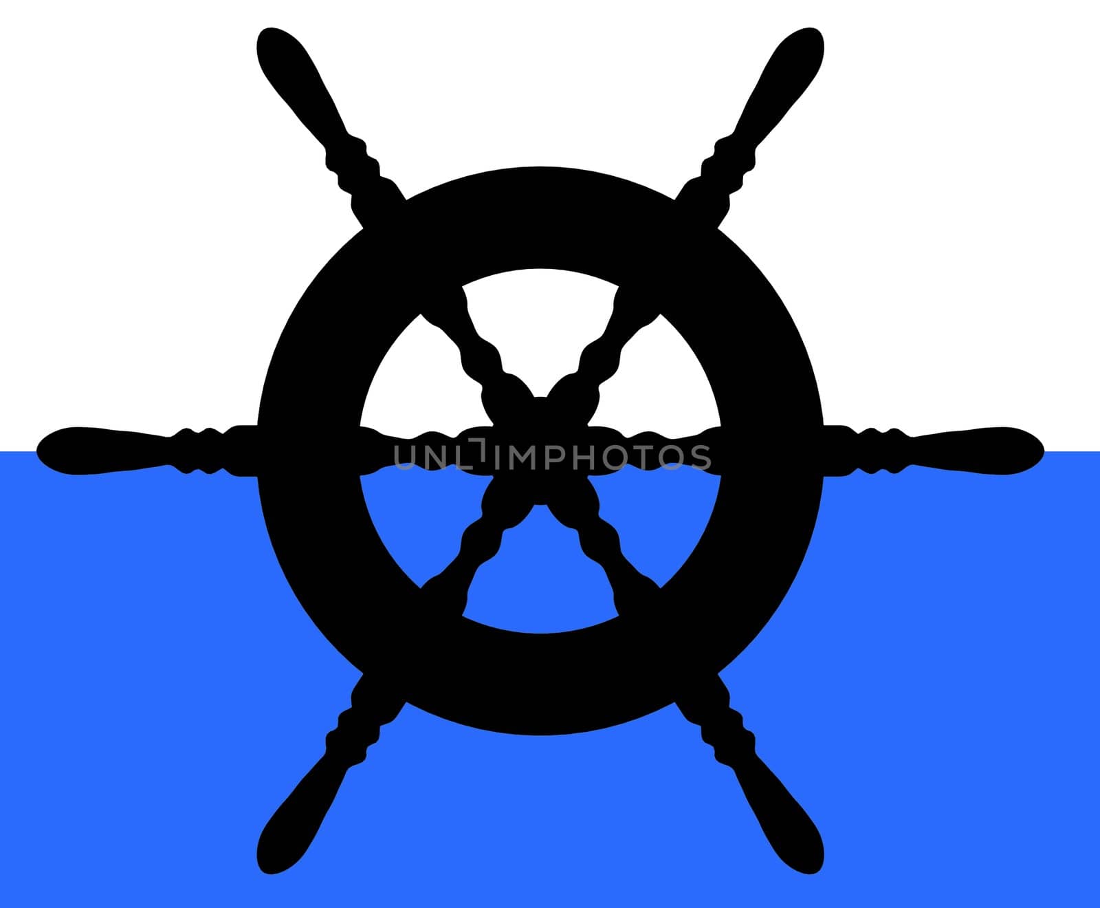 Illustration of a silhouetted ships wheel with blue sea and white sky background 