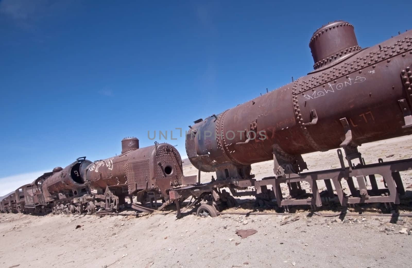Abandoned train cars at the Train Cemetery in Uyuni, Bolivia