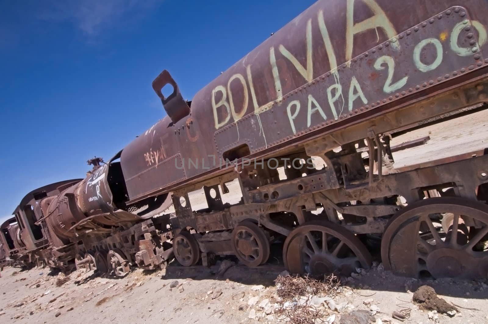 Abandoned train cars at the Train Cemetery in Uyuni, Bolivia