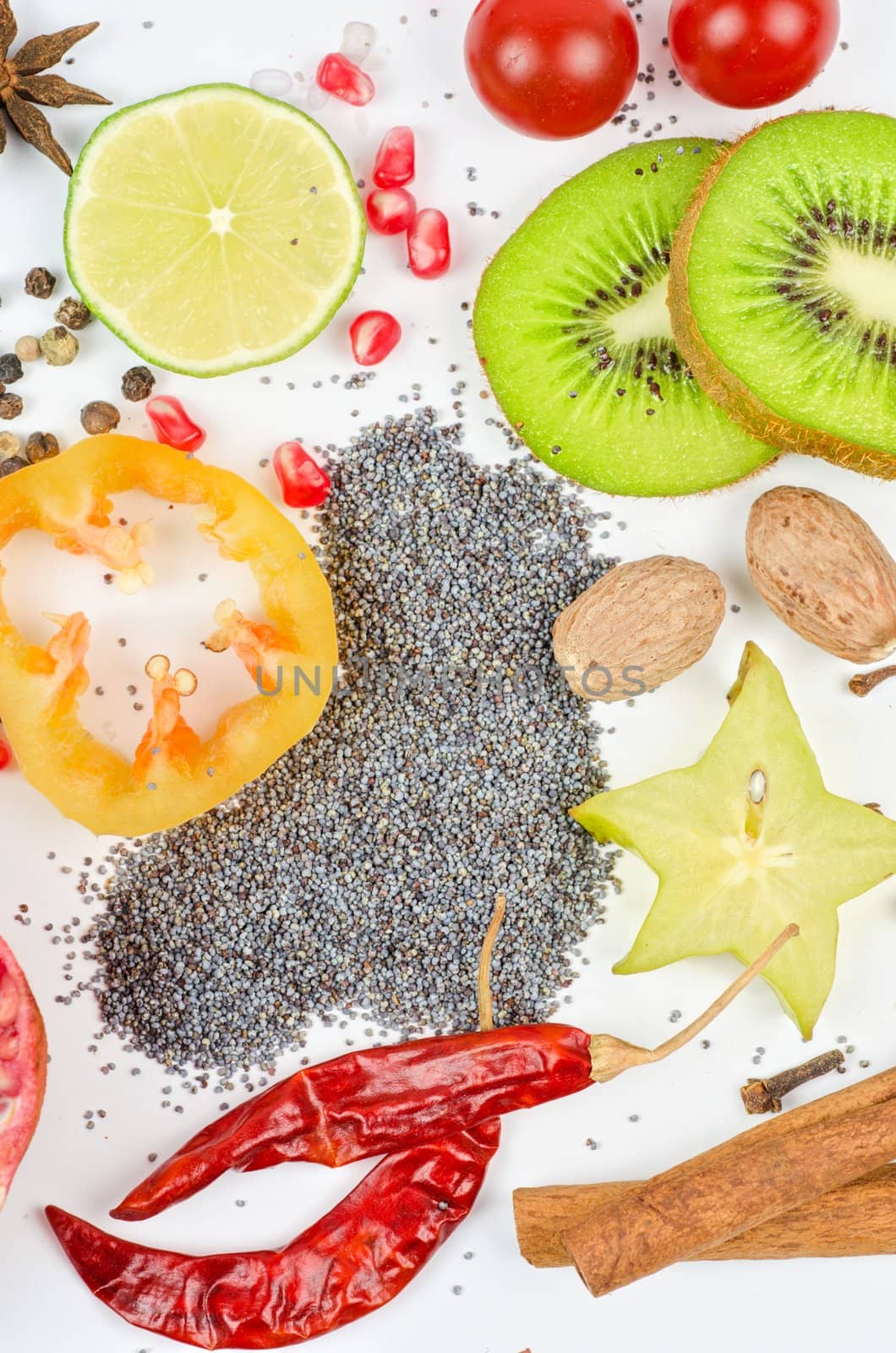 Colorful spices on a white background - beautiful kitchen image.
