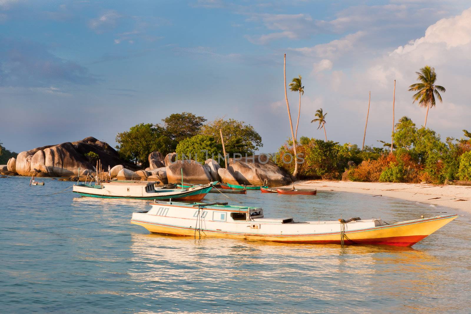 Indonesian fishing boat in small harbor, blue sky and palm trees in background