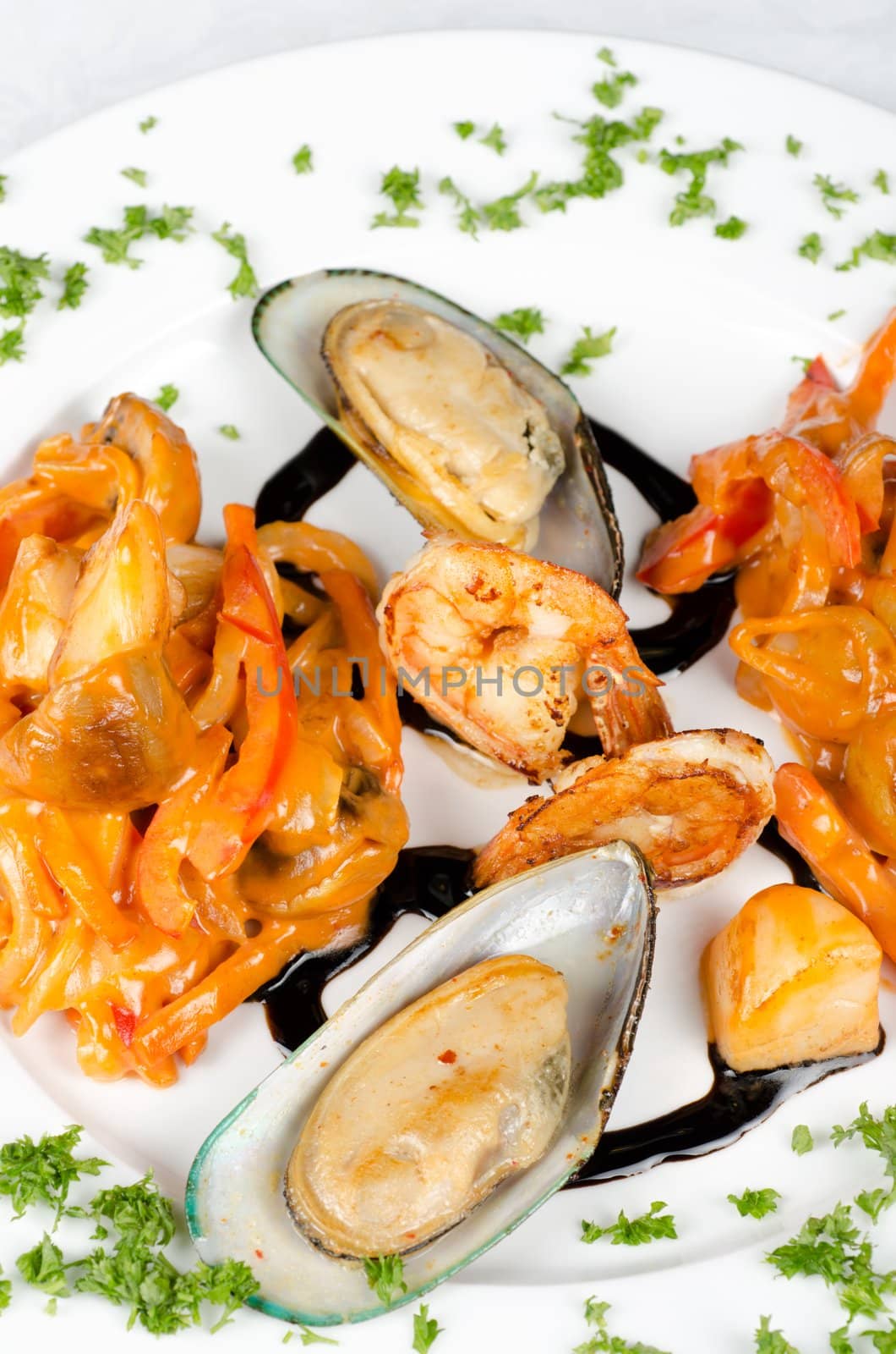 Shrimps mussels and squid tasty seafood dish