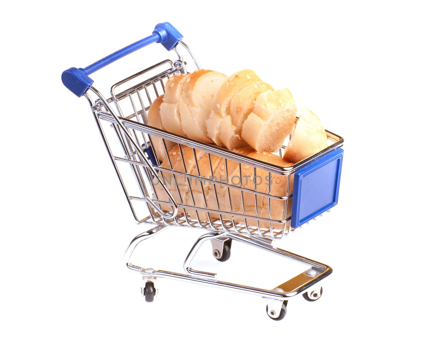 metal shopping trolley filled with bread