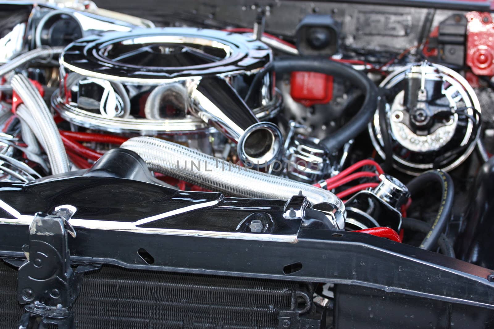 Close up of a car engine.