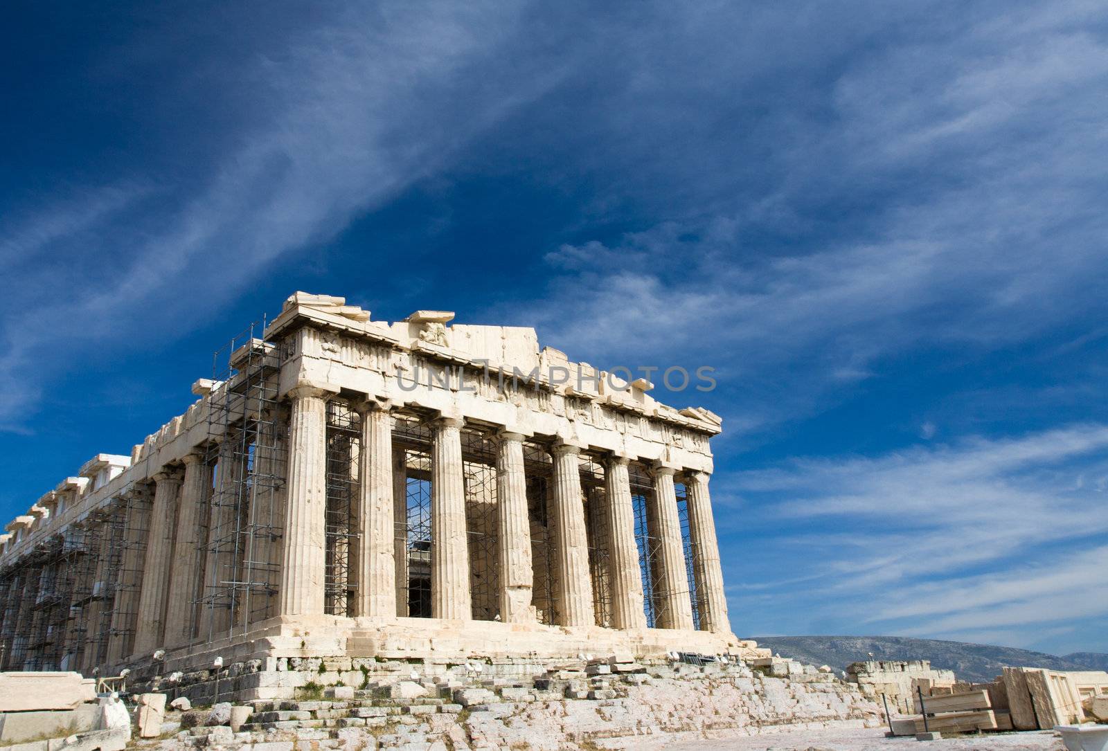 Facade of ancient temple Parthenon in Acropolis Athens Greece on the blue sky background