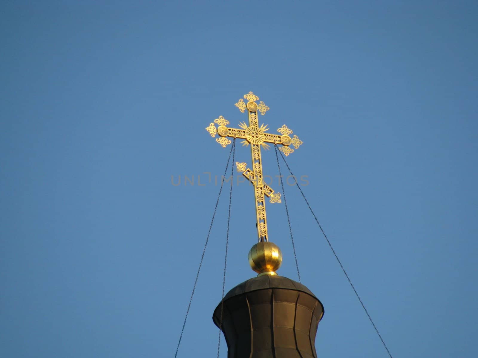 Cross, gold(en), blue sky, church; Christianity; saint place; temple, religion; faith; orthodoxy; dome, symbol