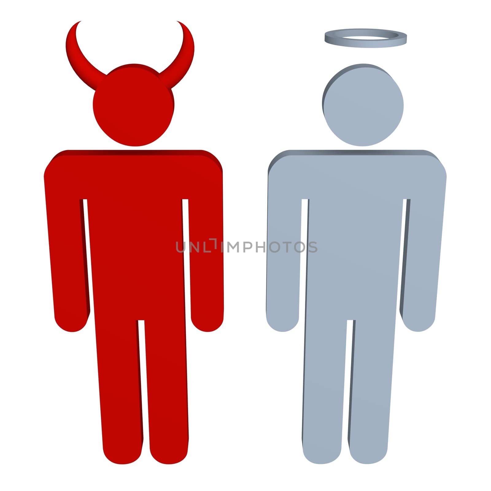 Illustration of two characters, One is red with horns and one is blue with a halo 