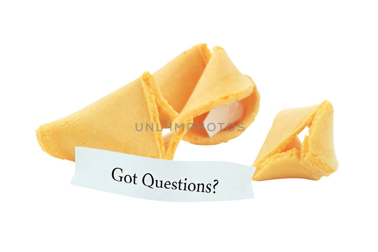 Broken fortune cookies isolated on white with message "Got Questions?" Clipping path included. Text easily removed.