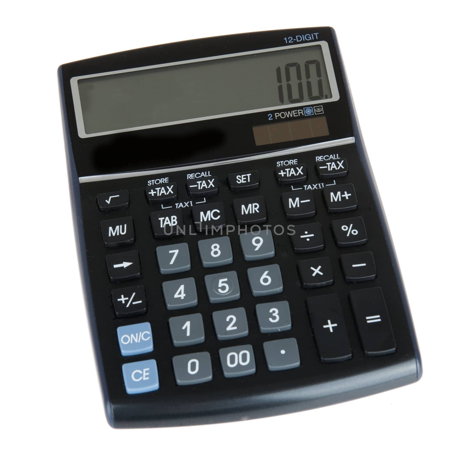 a black calculator on a white background