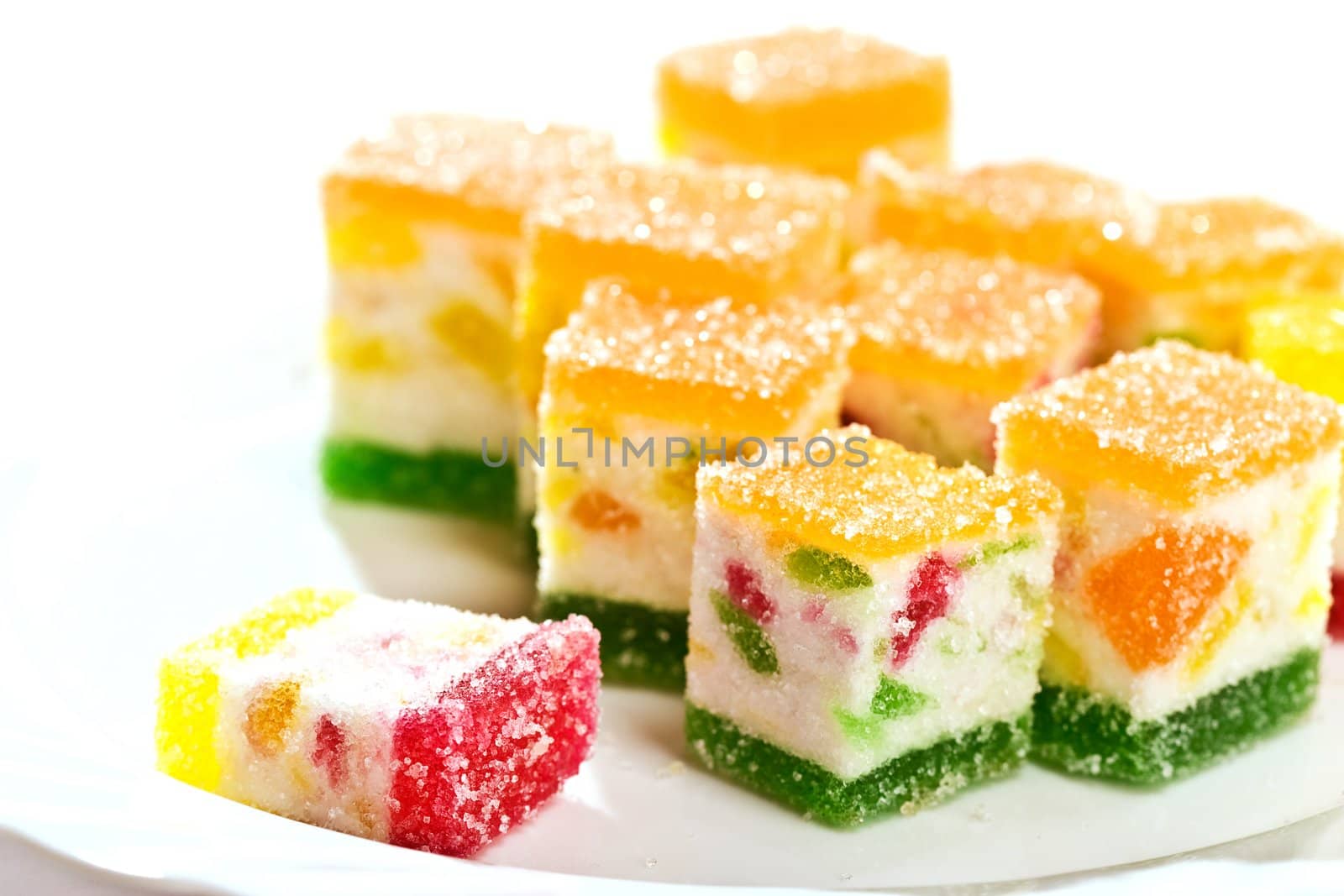 Macro picture of Slices fruit jelly with sugar