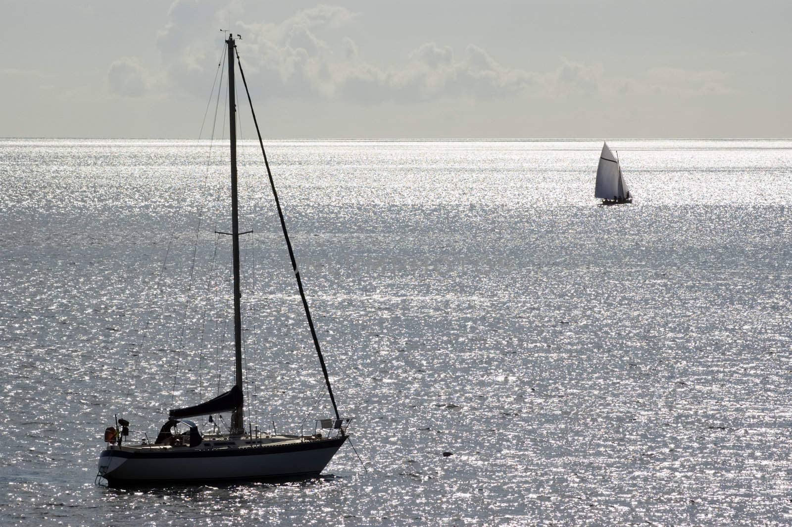 Sailing boat moored in a shinning sea