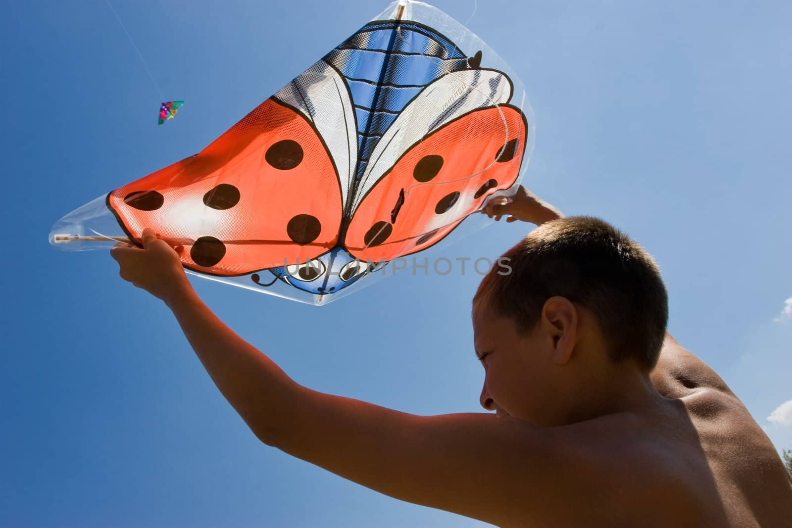 vacation, portrait of summer boy with kite