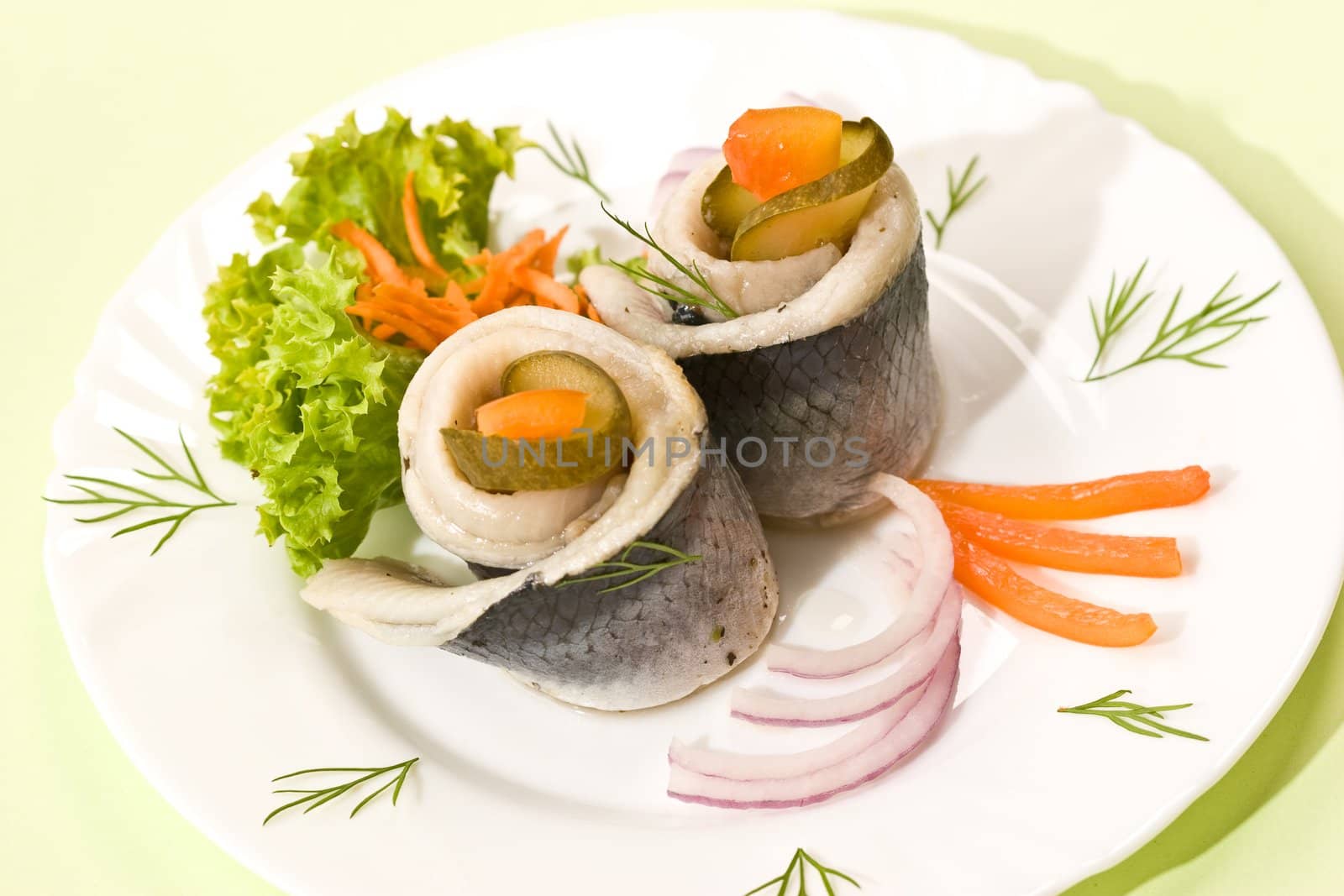 Macro picture of fillet herring with vegetables