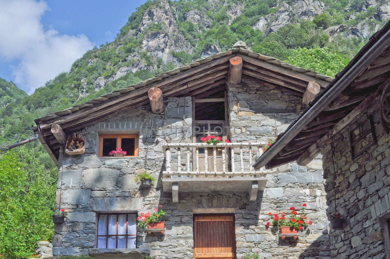 Typical Northern Italian Alps houses called Baita, made of wood and stone