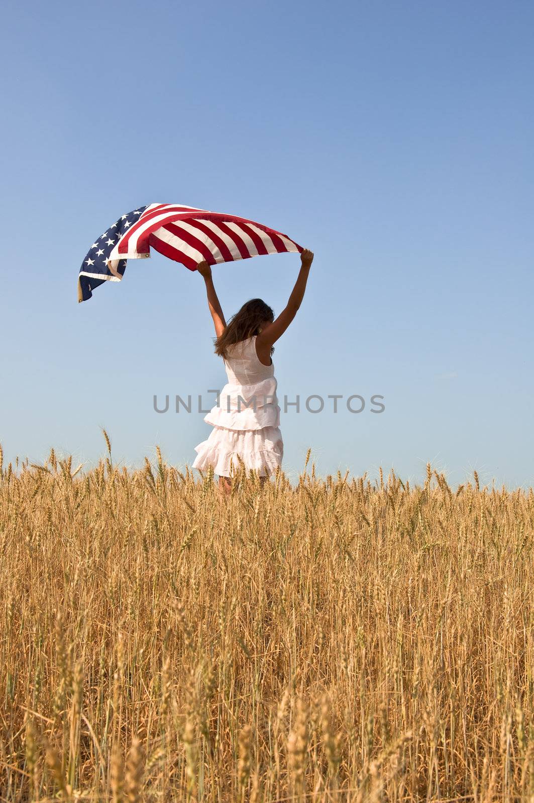 Beautiful young girl holding an American flag in the wind in a field of rye. Summer landscape against the blue sky. Vertical orientation.