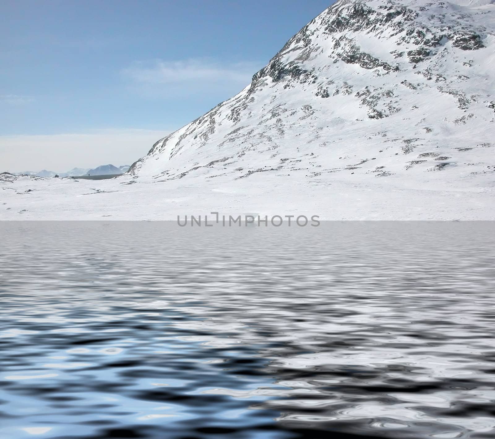 Mountains with snow reflected in lake water