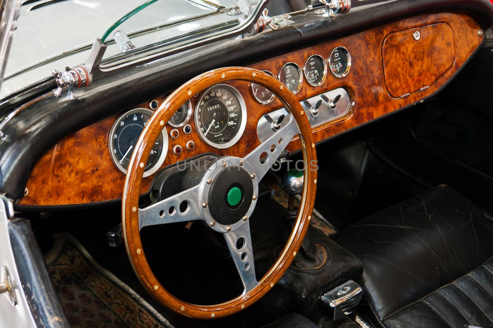 Interior and dashboard detail of a restored retro soft-top British made classical sports car 