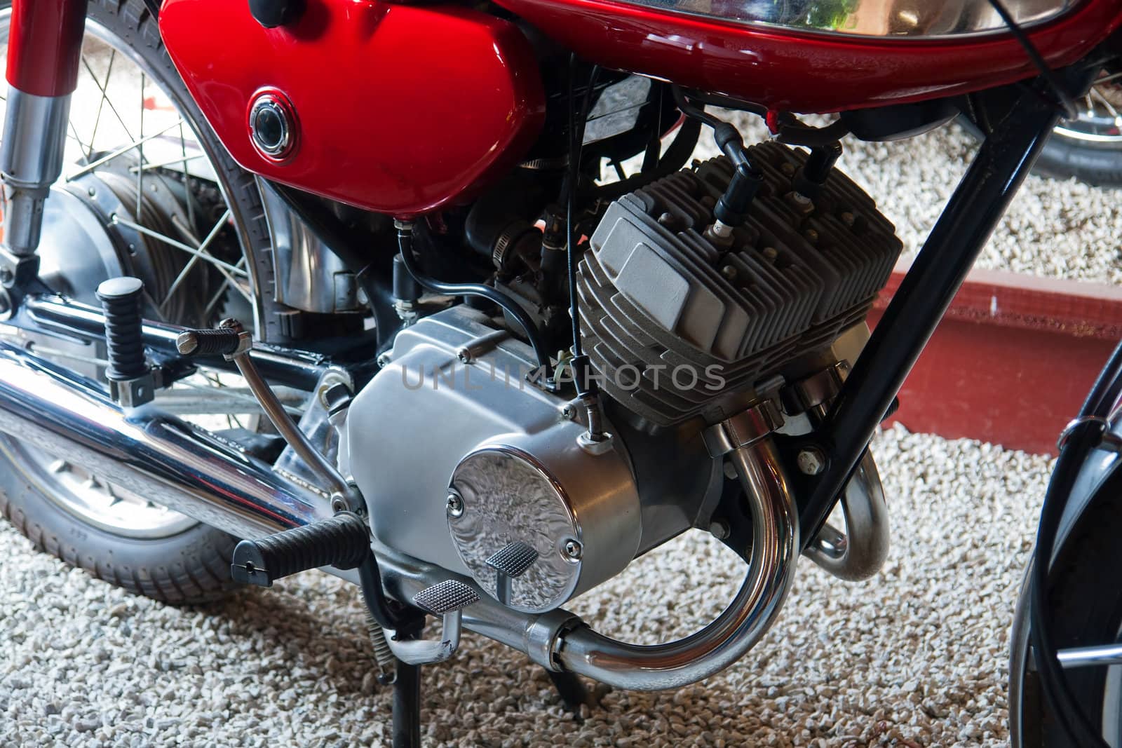 Close details of a famous classical traditional 70s Japanese motorcycle engine