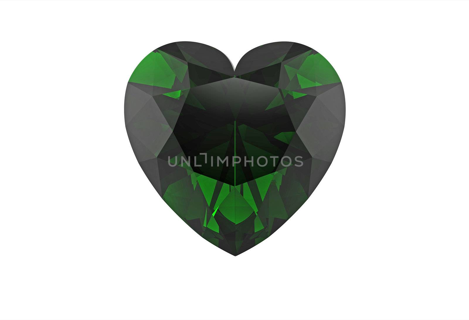 Green diamond emerald in form of heart, isolated on white