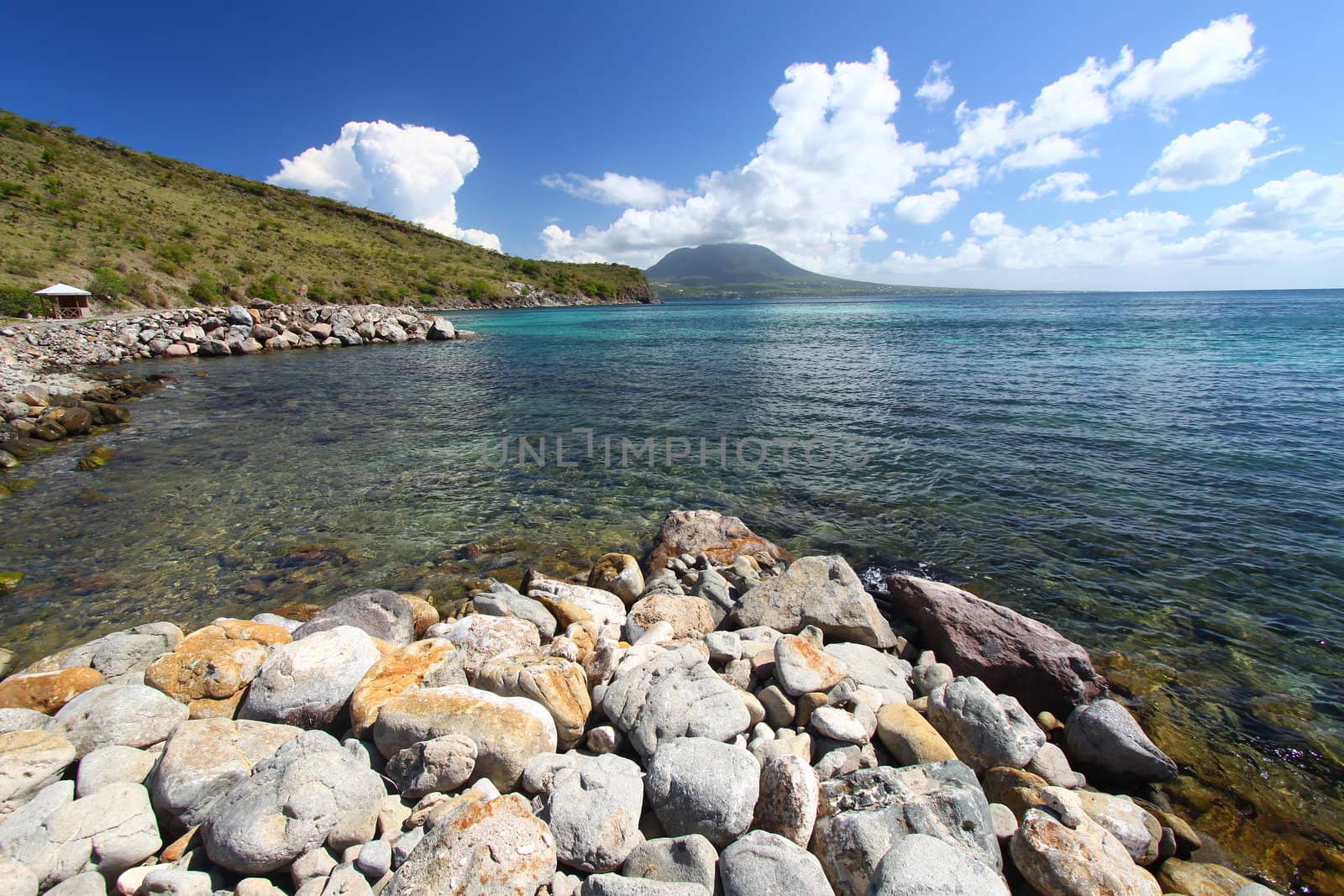 The rocky coastline on the island of Saint Kitts.