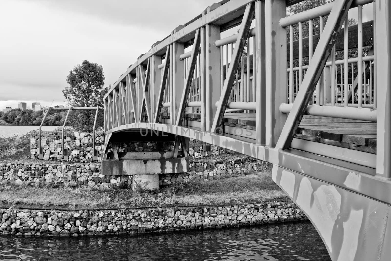 A small bridge for pedestrians crossing Wascana Lake in Regina, Canada