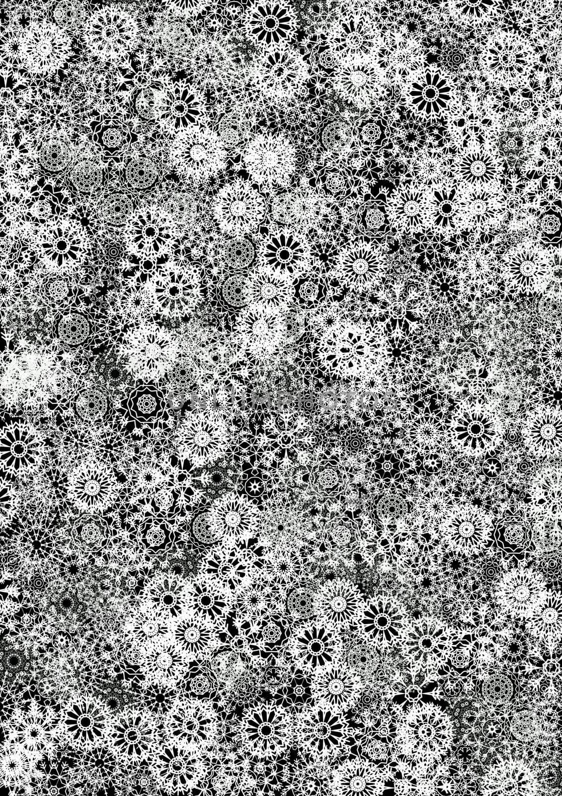 Illustration of clustered snowflakes over a black background