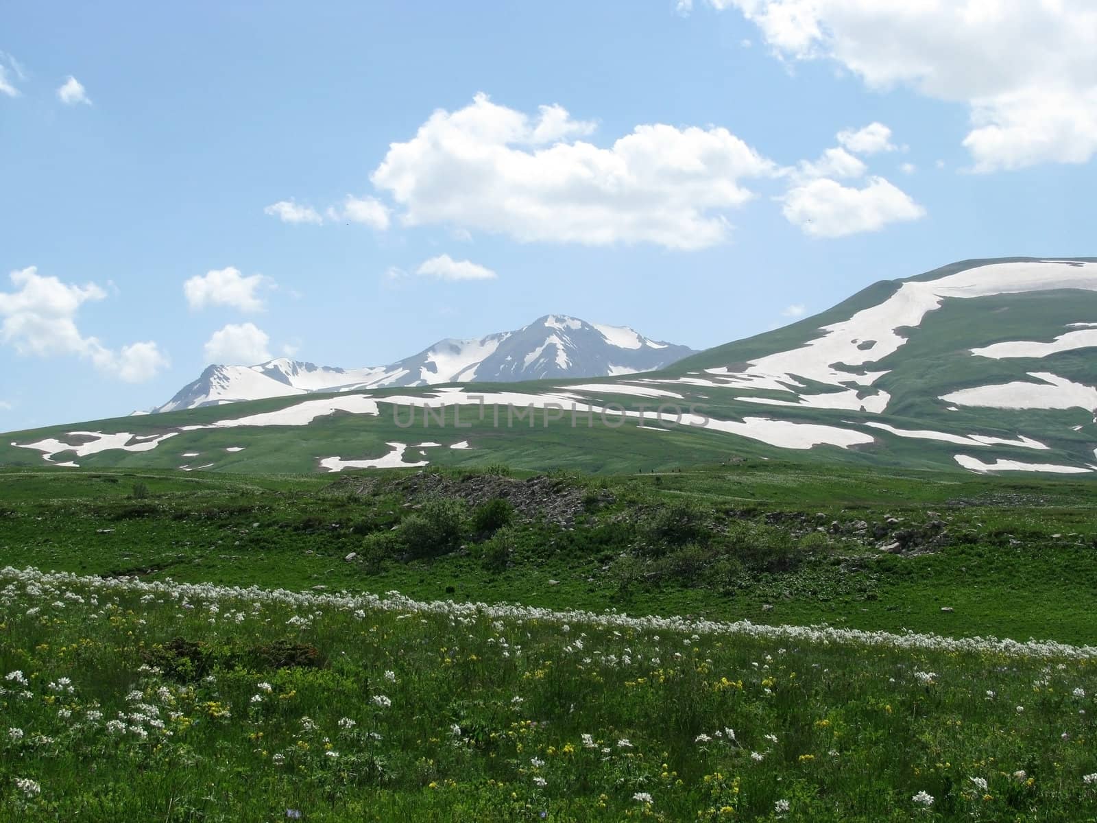 The main Caucasian ridge, relief; a landscape; a hill; a panorama; mountains; Caucasus; a slope; a snow; clouds; the sky; a glacier