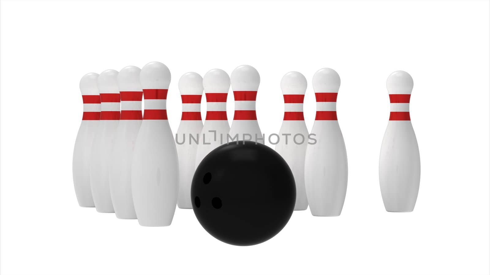 White skittles and black ball isolated on white, bowling, 3d render
