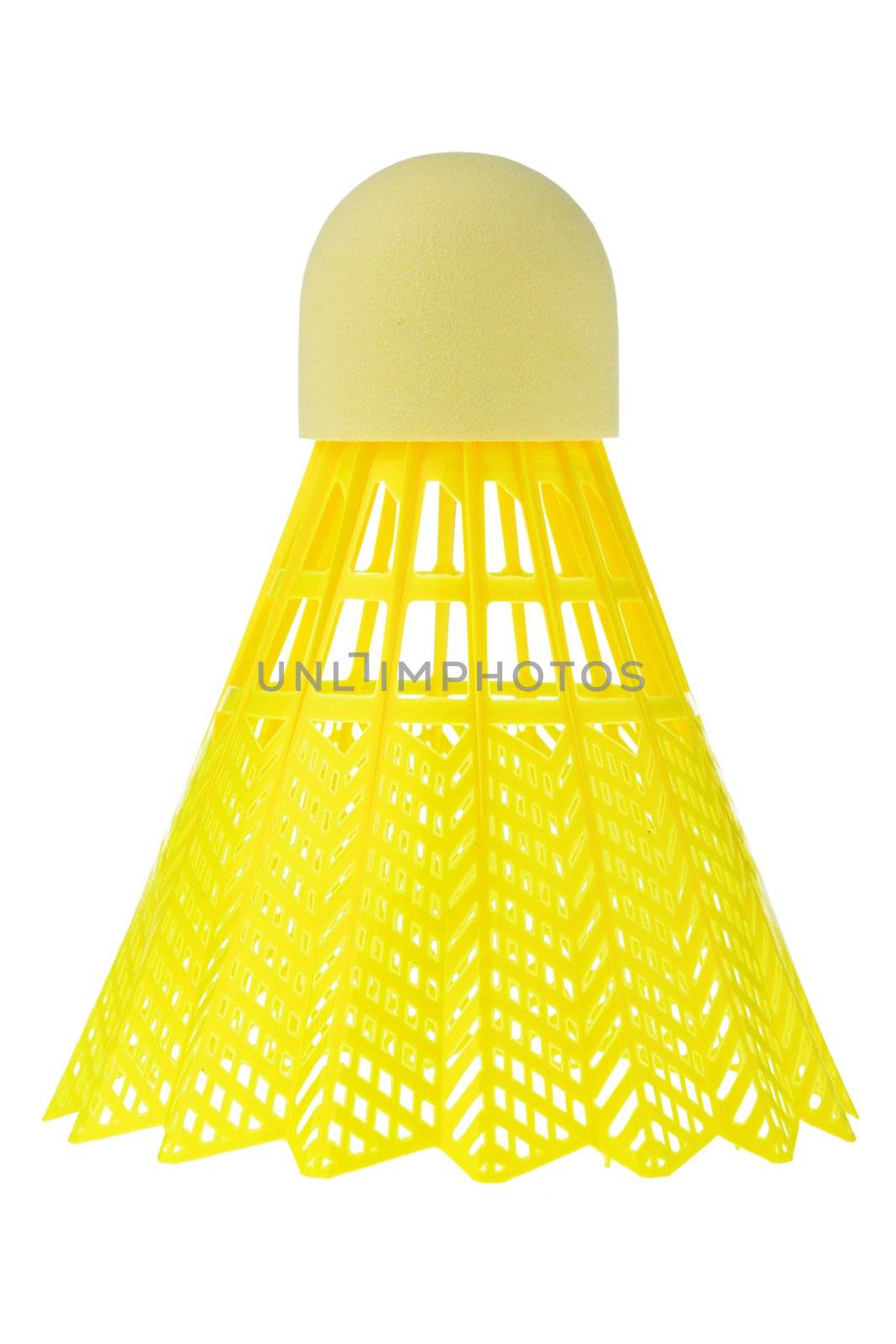 Bright yellow badminton shuttlecock isolated on white background.