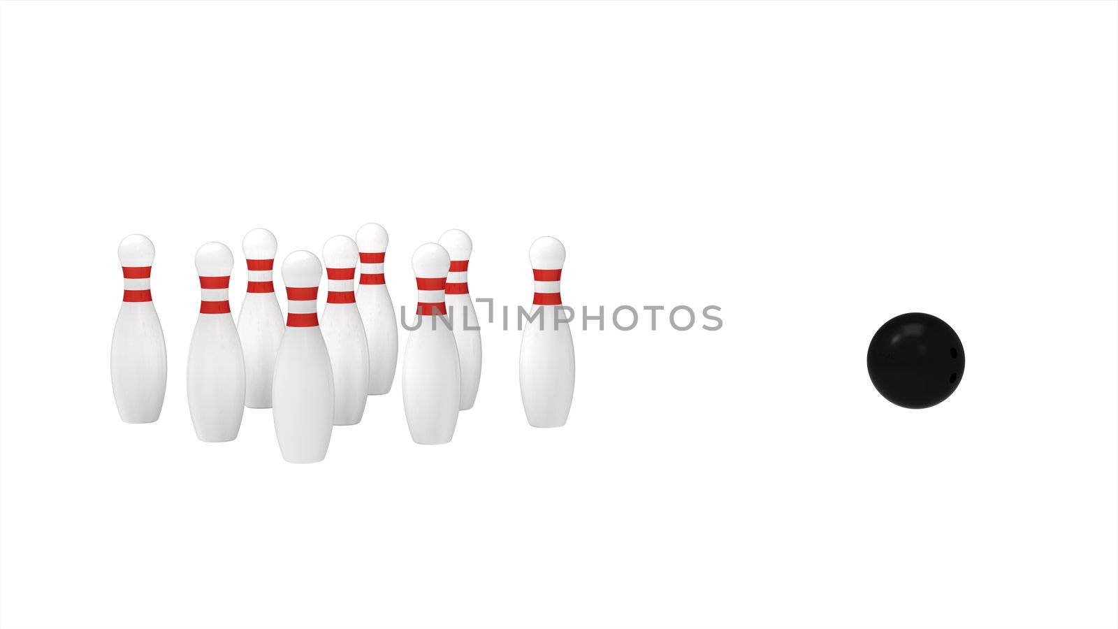 White skittles and black ball isolated on white, bowling, 3d render