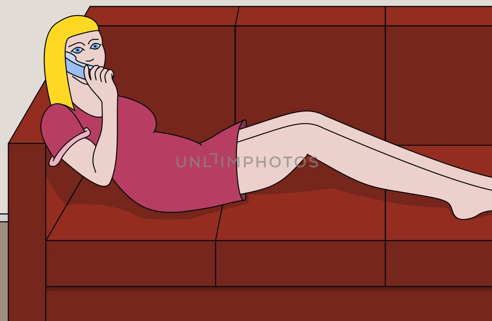 Illustration of a woman laying on a sofa talking on a mobile phone