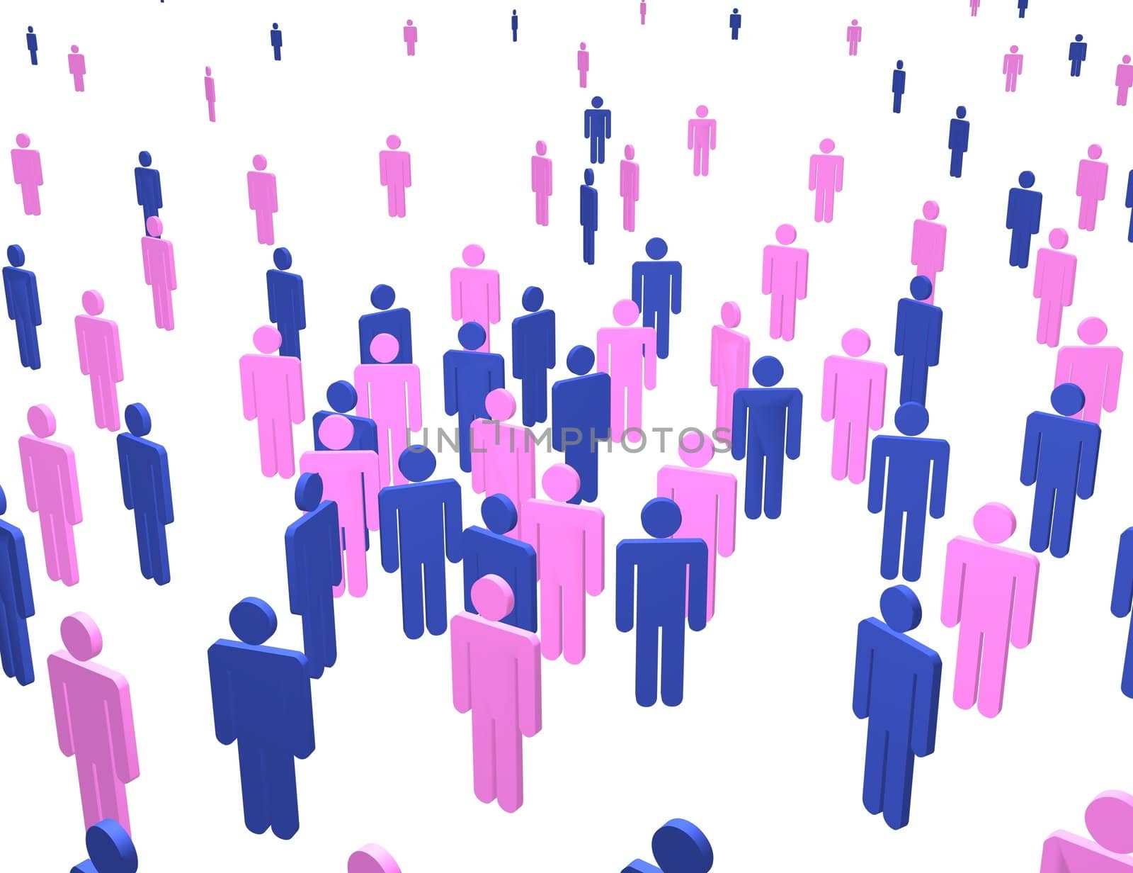 Illustration of lots of people coloured pink and blue