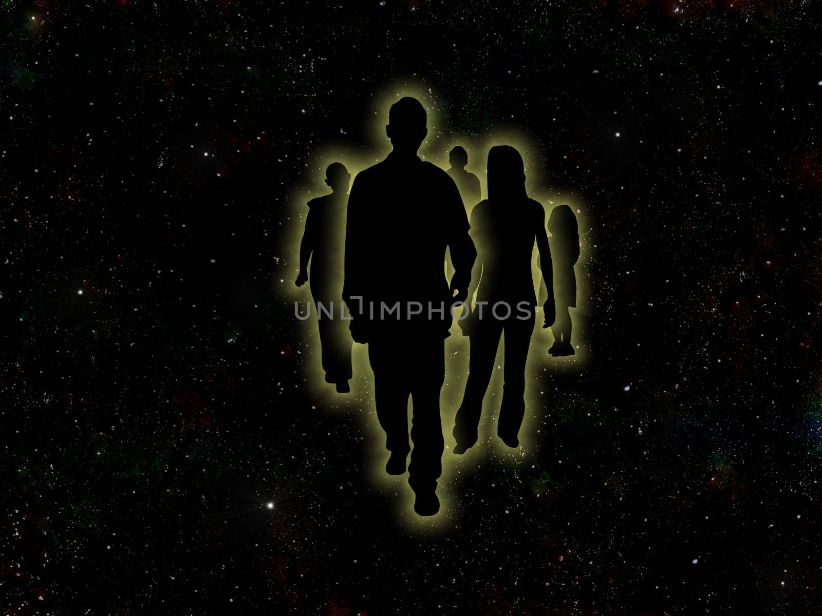 Illustrated people on a space background
