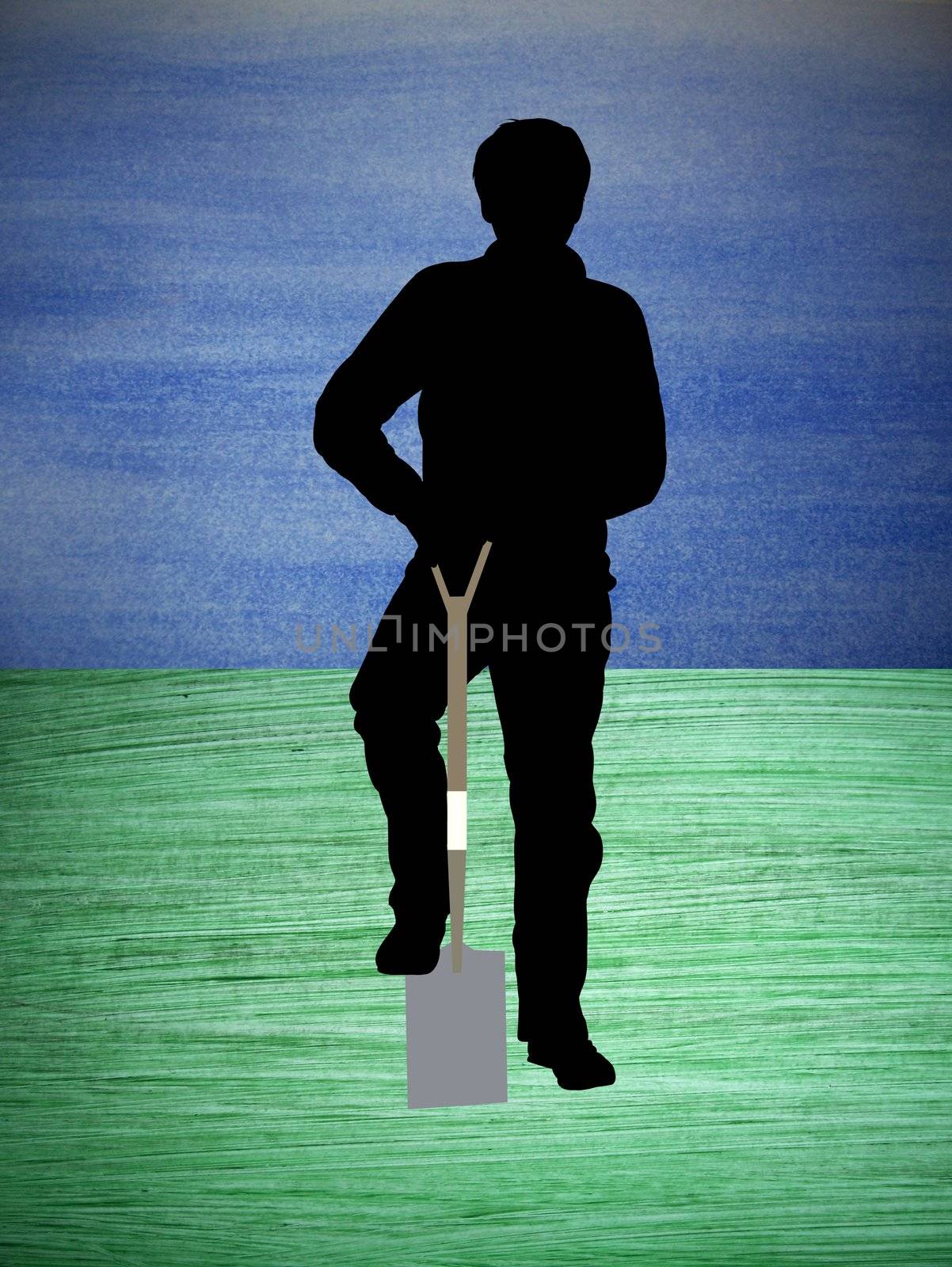 Silhouette of a man digging over a painted blue/green surface
