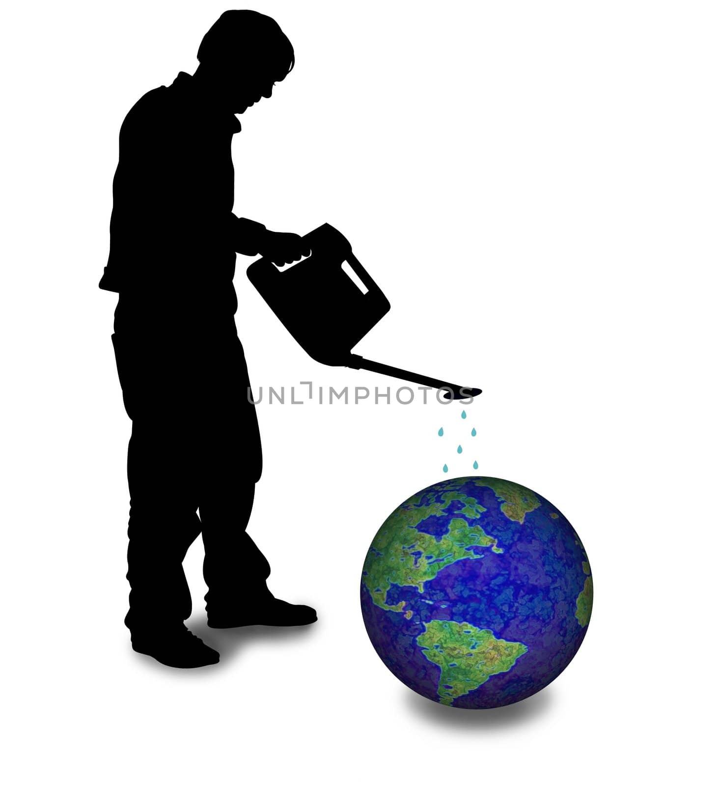 Illustration of a man using a watering can on the Earth