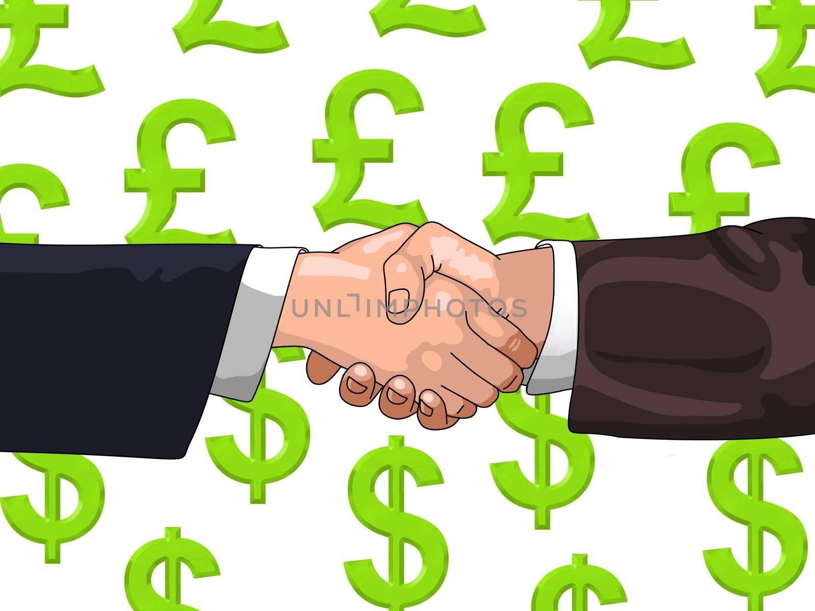 Illustration of shaking hands over a background of Pound and Dollar symbols