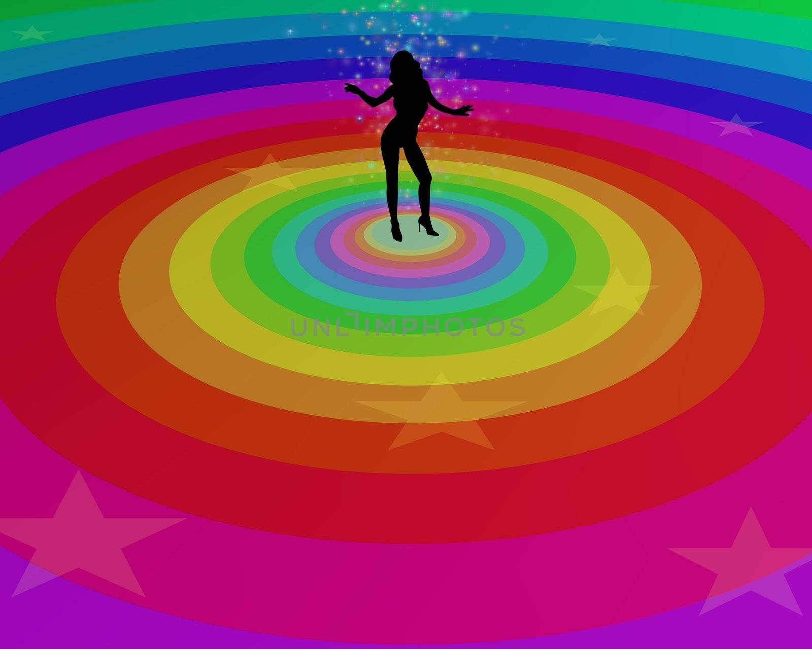 Illustration of a woman dancing in the middle of a rainbow dance floor with sparkles coming from her body