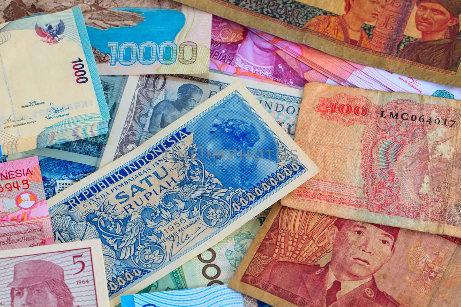 Indonesian Currency, colorful bank notes, some very old from the 1950's