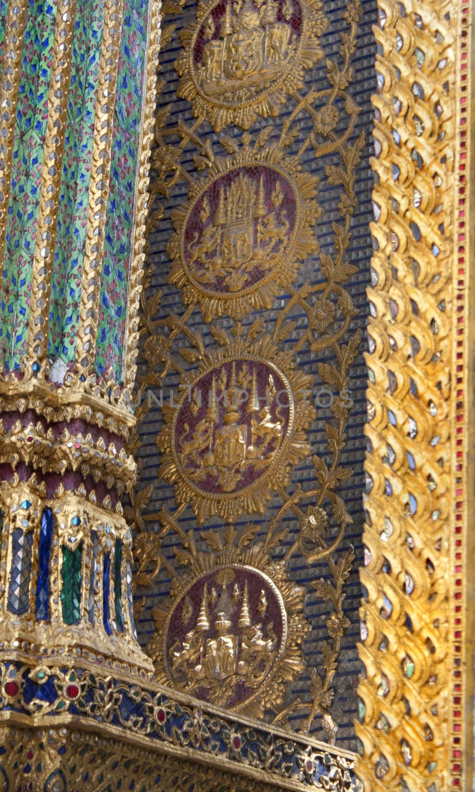 Close Up of beautiful detail in a temple at the Grand Palace in Bangkok, Thailand 