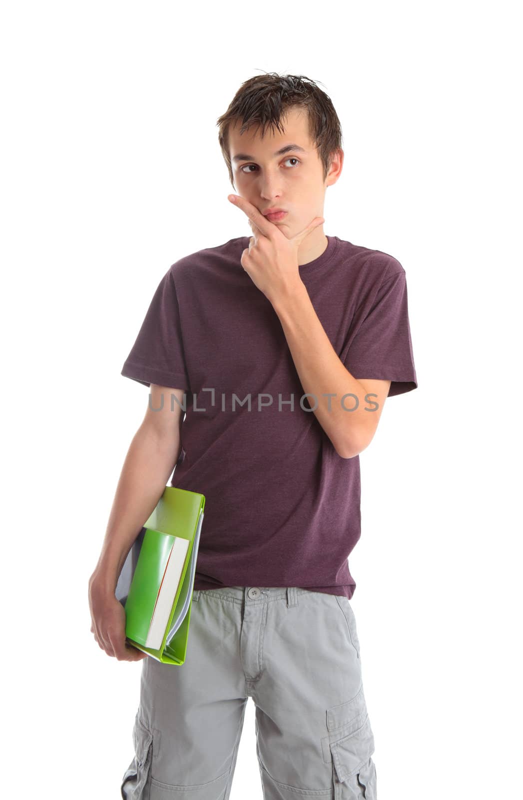 Student carrying books in a thinking, pondering, deliberative expression and looking sideways.  White background.