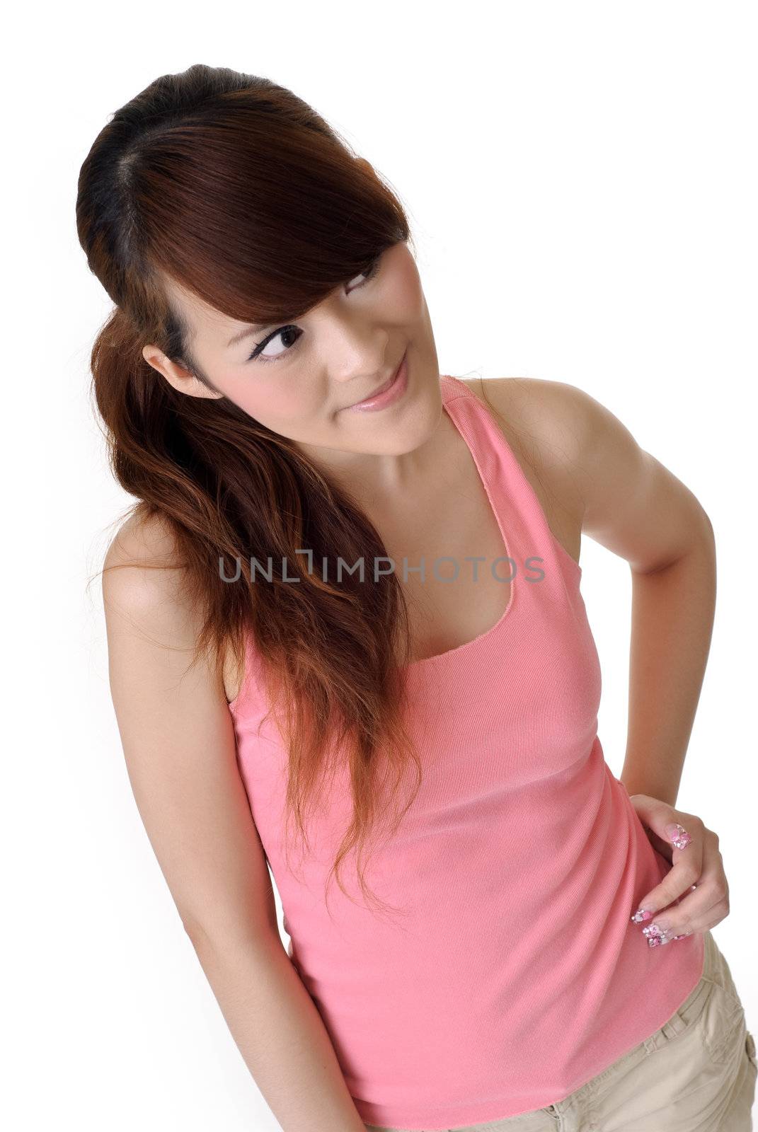 Cute girl thinking, closeup portrait of Asian woman on white background.