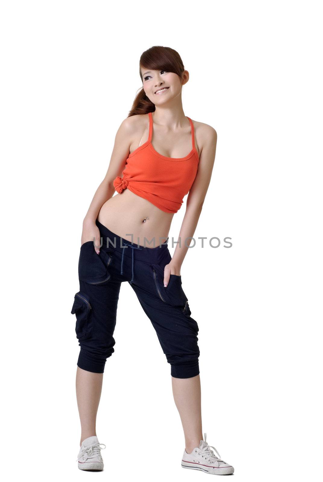 Sexy sport girl posing and smiling, full length portrait of Asian isolated on white background.