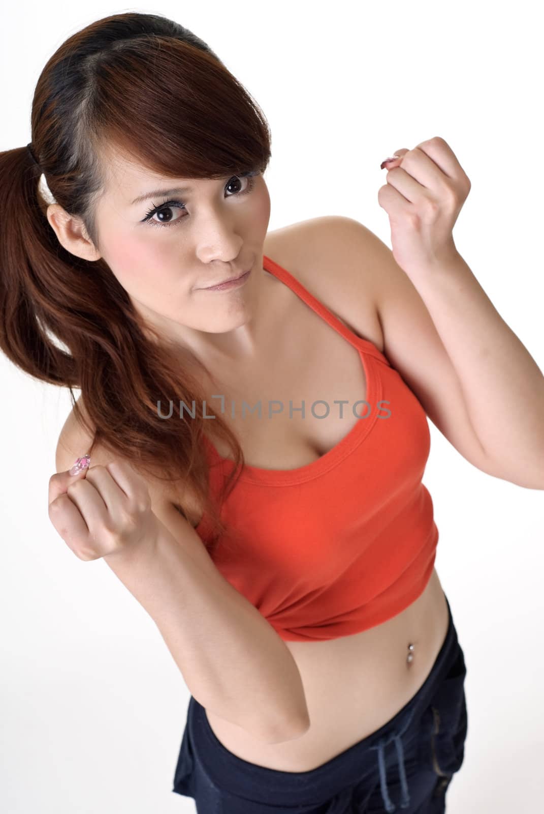 Beautiful girl cheer up for you, closeup portrait of Asian sport woman on white background.