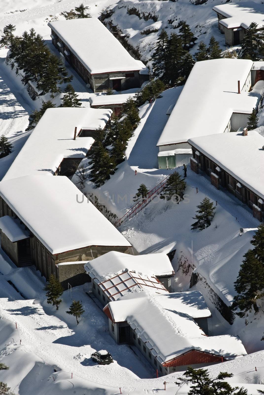 Winter scenery in countryside, roof of house full of snow in Taiwan, Asia.