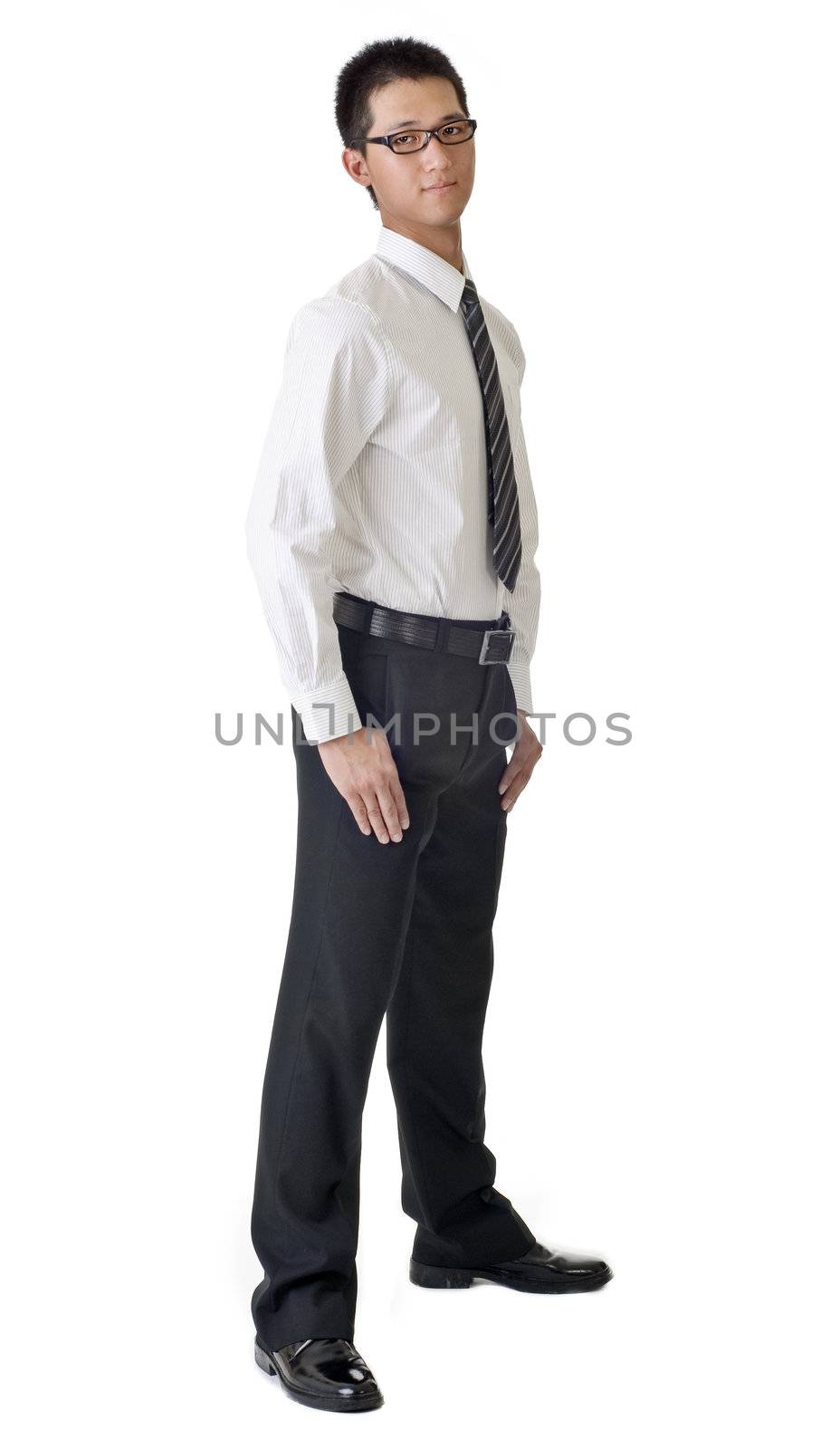 Immature businessman portrait isolated on white background.